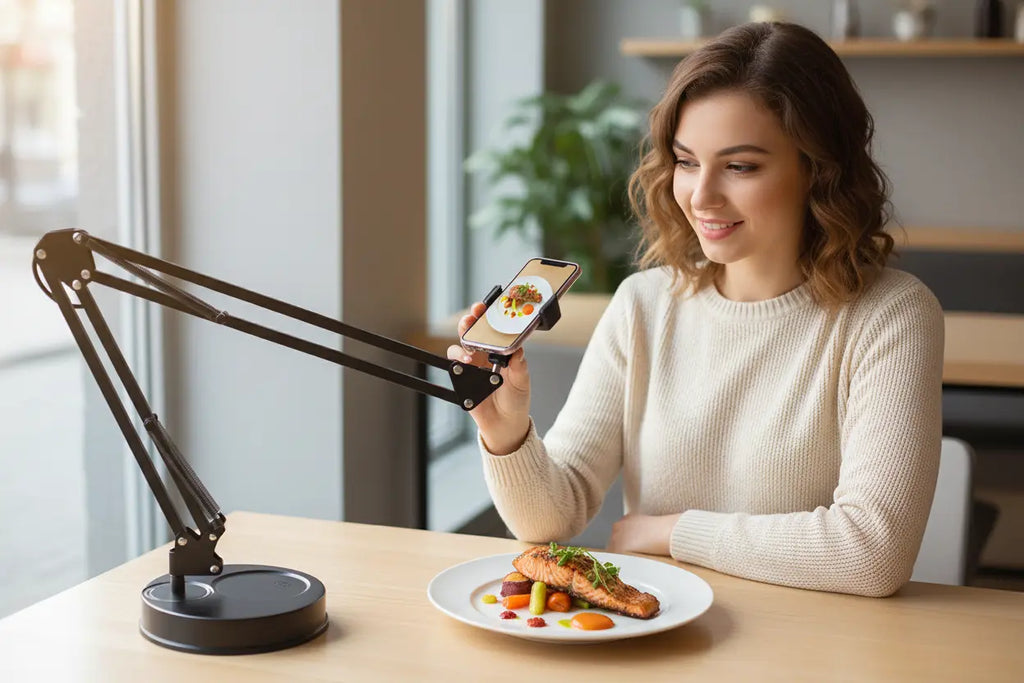 Influenceuse food avec support téléphone