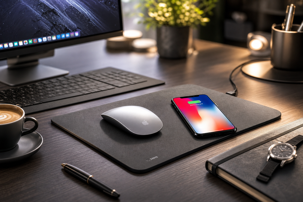 Tapis de souris chargeur sans fil – Support smartphone élégant pour bureau